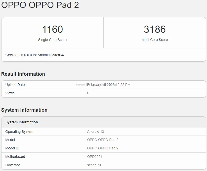 OPPO Pad 2 Geekbench 6.0.0 score