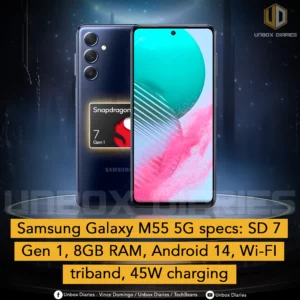 Samsung Galaxy M55 5G specs: SD 7 Gen 1, 8GB RAM, Android 14, Wi-Fi triband, 45W charging