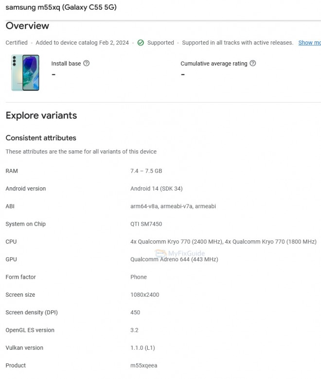 Samsung Galaxy C55 Google Play Console listing